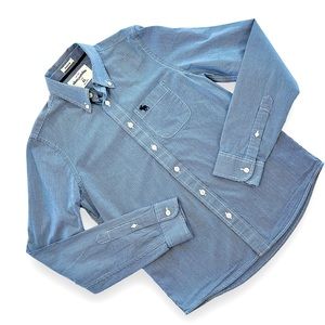 Abercrombie & Fitch: Blue pin striped, button down, muscle, shirt.
